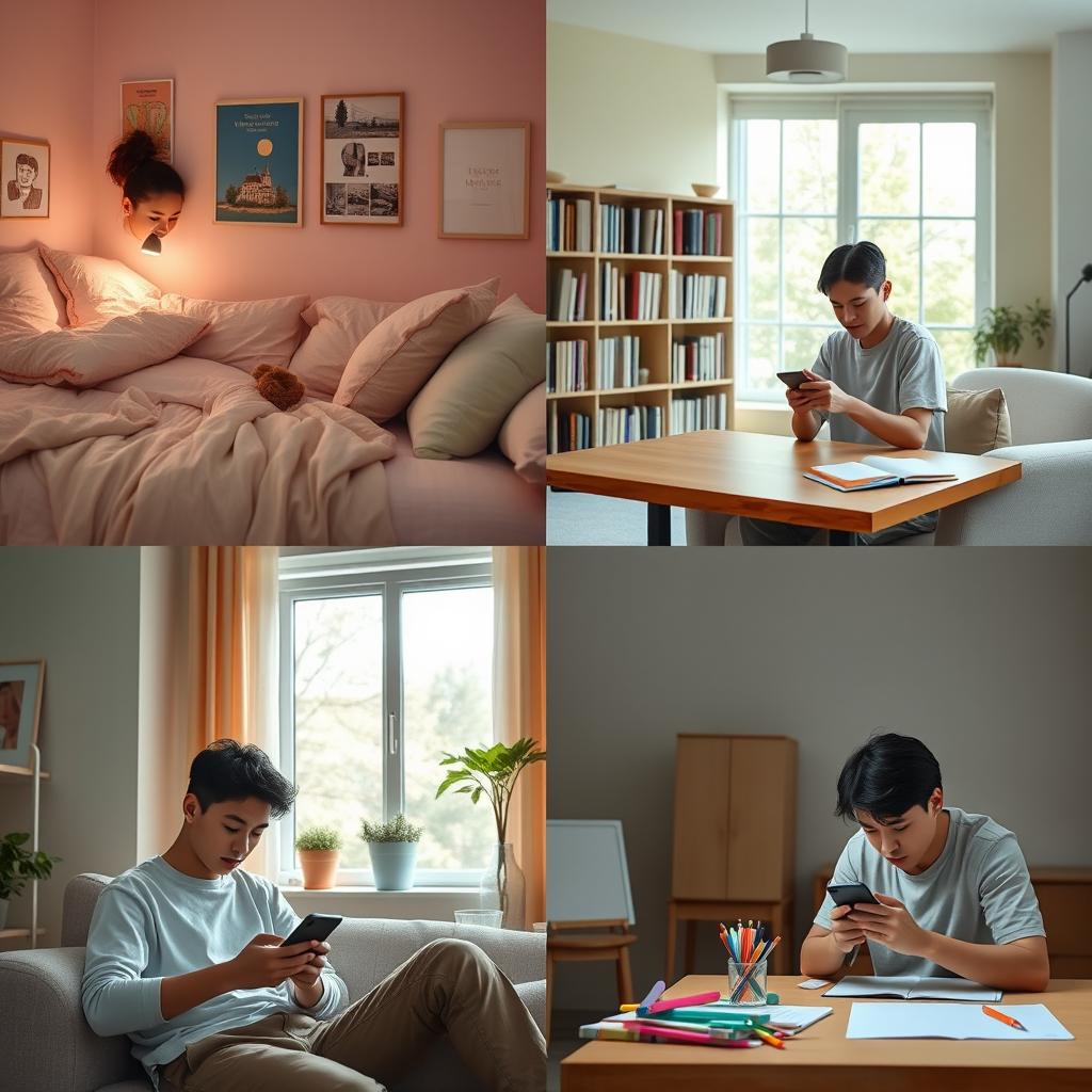 A split scene showing five different students in various environments, all engaged in texting on their phones