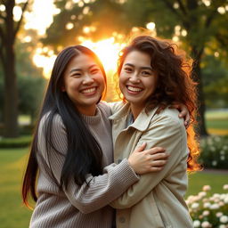 A warm and friendly embrace between two people, showcasing an aura of comfort and affection