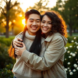 A warm and friendly embrace between two people, showcasing an aura of comfort and affection