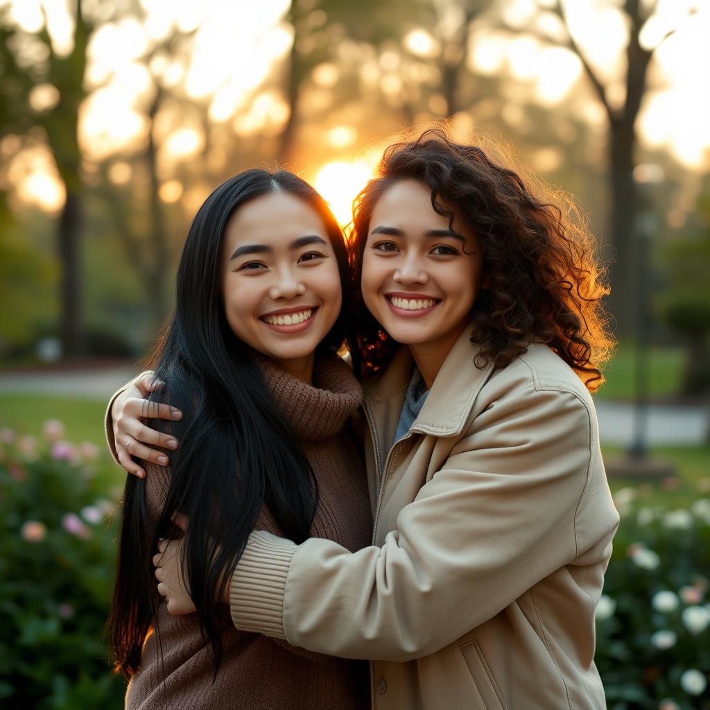 A warm and friendly embrace between two people, showcasing an aura of comfort and affection