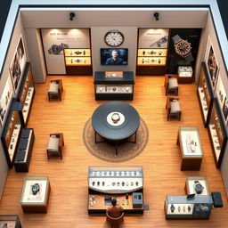 A detailed layout of a modern watch shop called 'Just in Time'