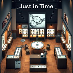 A detailed layout of a modern watch shop called 'Just in Time'