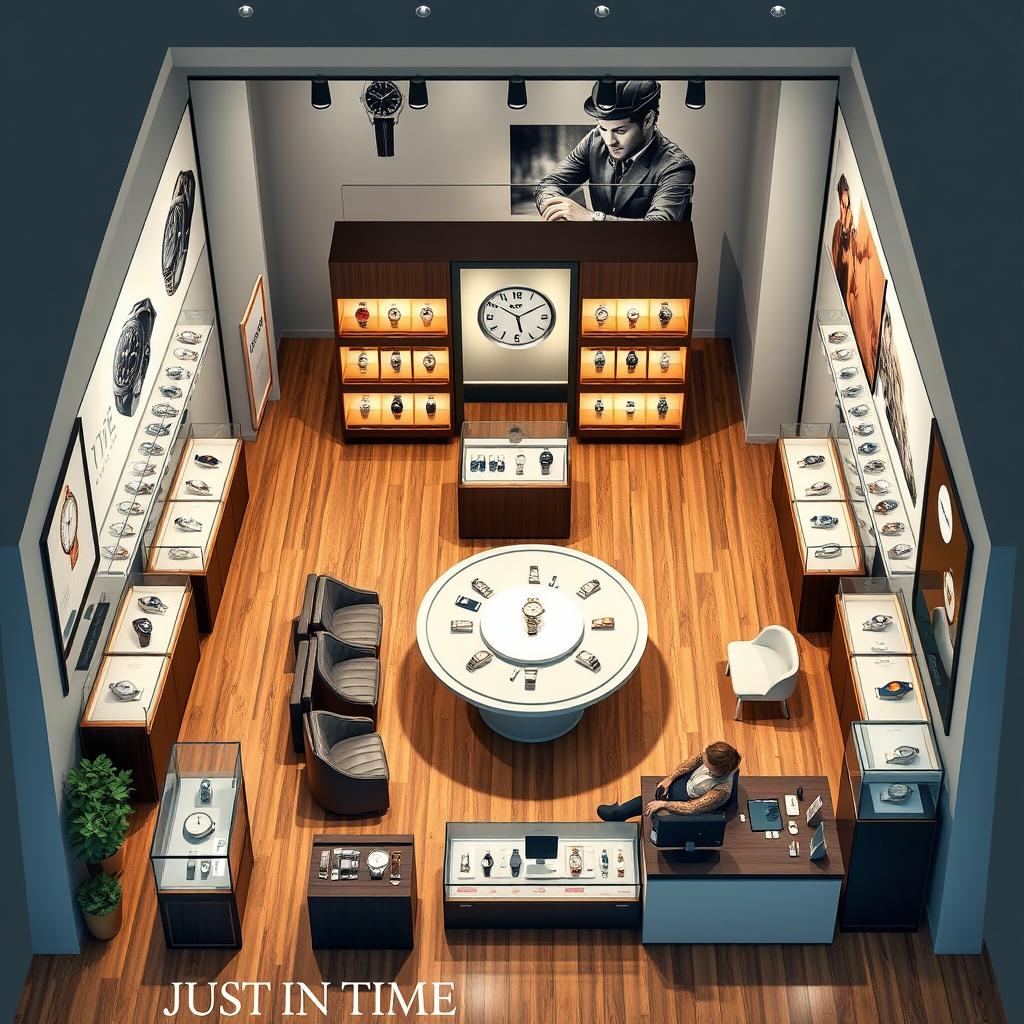 A detailed layout of a modern watch shop called 'Just in Time'