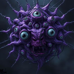 A terrifying mass of pulsating purple flesh, embedded with multiple large, sparkling eyes of different sizes and depths