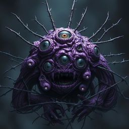 A terrifying mass of pulsating purple flesh, embedded with multiple large, sparkling eyes of different sizes and depths
