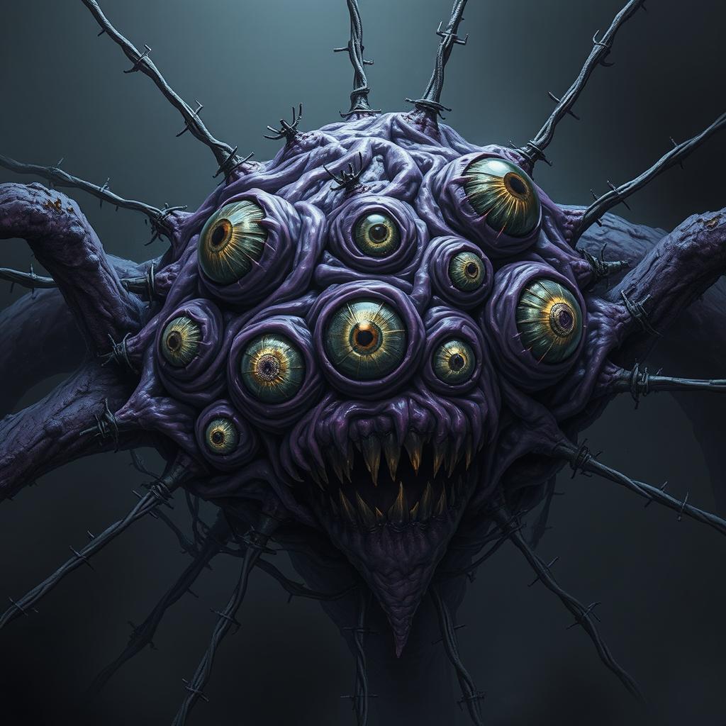 A terrifying mass of pulsating purple flesh, embedded with multiple large, sparkling eyes of different sizes and depths