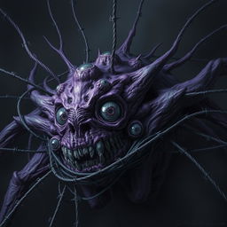 A terrifying mass of pulsating purple flesh, embedded with multiple large, sparkling eyes of different sizes and depths
