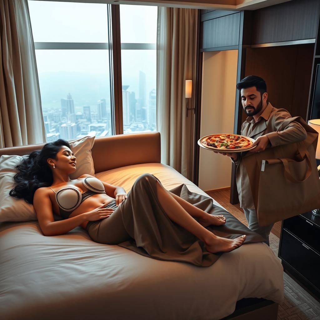 An extremely beautiful and hot Indian woman in a stylish bra, peacefully sleeping on a luxurious bed in a posh hotel room