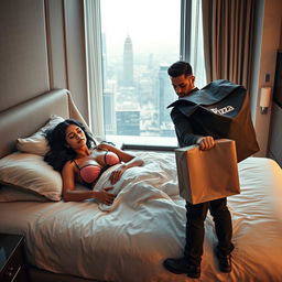An extremely beautiful and hot Indian woman in a stylish bra, peacefully sleeping on a luxurious bed in a posh hotel room