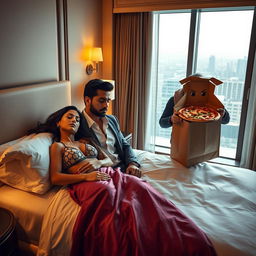 An extremely beautiful and hot Indian woman in a stylish bra, peacefully sleeping on a luxurious bed in a posh hotel room