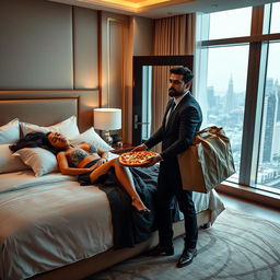 An extremely beautiful and hot Indian woman in a stylish bra, peacefully sleeping on a luxurious bed in a posh hotel room