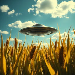 A striking raw photograph showcasing a UFO hovering in a golden cornfield, capturing the mysterious ambiance of a sci-fi documentary