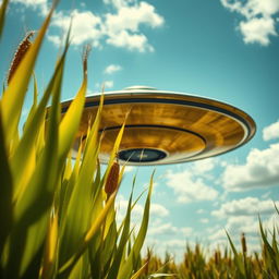 A striking raw photograph showcasing a UFO hovering in a golden cornfield, capturing the mysterious ambiance of a sci-fi documentary