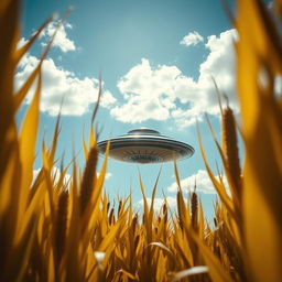 A striking raw photograph showcasing a UFO hovering in a golden cornfield, capturing the mysterious ambiance of a sci-fi documentary