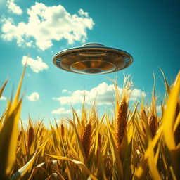 A striking raw photograph showcasing a UFO hovering in a golden cornfield, capturing the mysterious ambiance of a sci-fi documentary