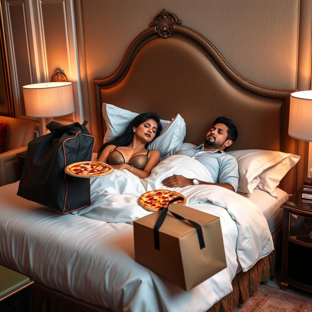 An extremely beautiful and attractive Indian woman is peacefully sleeping on a luxurious hotel bed, wearing a stylish and elegant bra, surrounded by plush cushions and fine linens