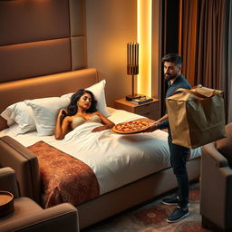 An extremely beautiful and attractive Indian woman is peacefully sleeping on a luxurious hotel bed, wearing a stylish and elegant bra, surrounded by plush cushions and fine linens