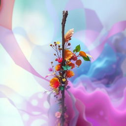 A surreal and abstract representation of the concept of insertion, featuring a stick partially obscured by vivid colors and dynamic shapes