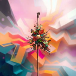 A surreal and abstract representation of the concept of insertion, featuring a stick partially obscured by vivid colors and dynamic shapes