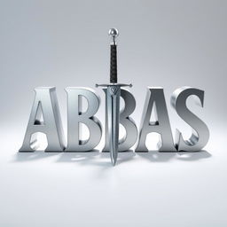 A stunning 3D aluminum text sculpture of the word "ABBAS" with intricate details and a shiny metallic finish