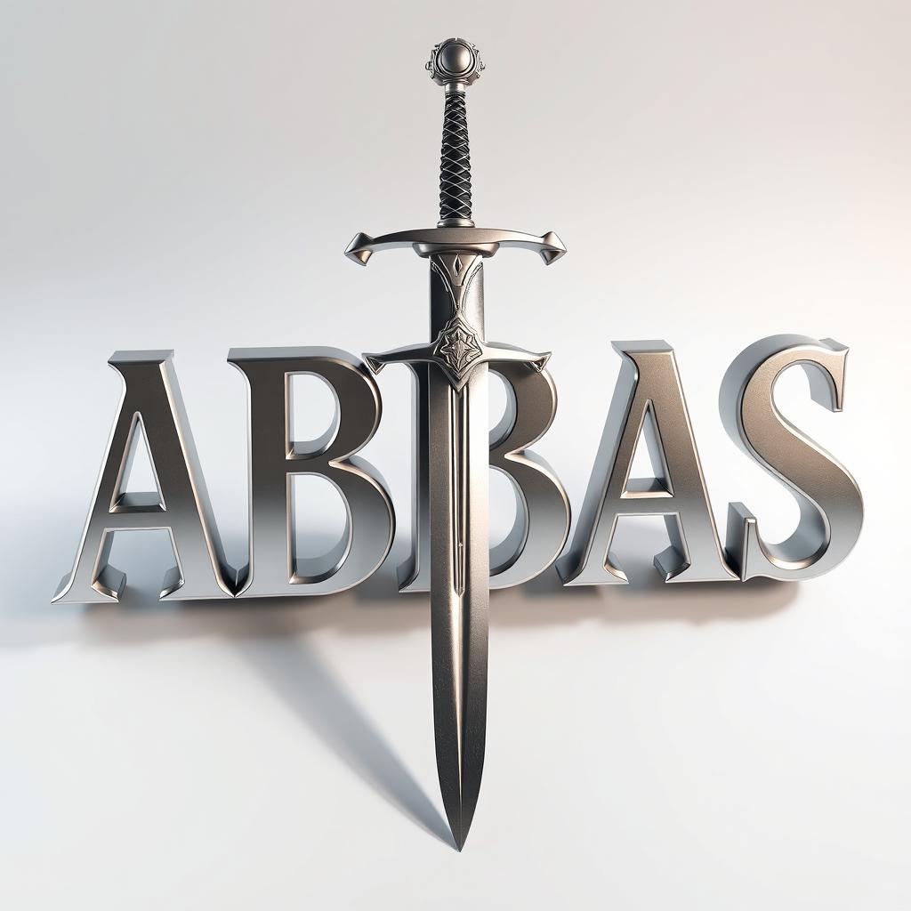 A stunning 3D aluminum text sculpture of the word "ABBAS" with intricate details and a shiny metallic finish