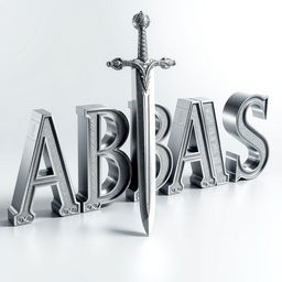 A stunning 3D aluminum text sculpture of the word "ABBAS" with intricate details and a shiny metallic finish