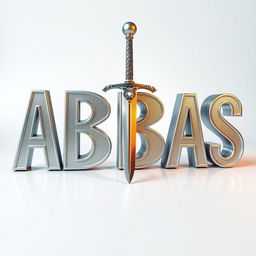 A stunning 3D aluminum text sculpture of the word "ABBAS" with intricate details and a shiny metallic finish