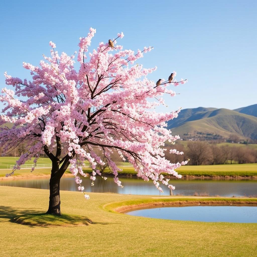 A serene landscape featuring a breathtaking cherry blossom tree in full bloom, with delicate pink petals cascading gently in the breeze