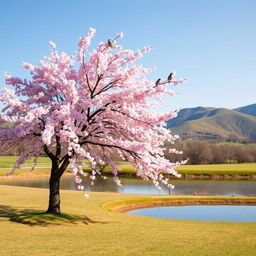 A serene landscape featuring a breathtaking cherry blossom tree in full bloom, with delicate pink petals cascading gently in the breeze