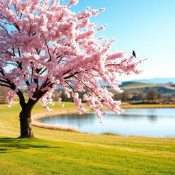 A serene landscape featuring a breathtaking cherry blossom tree in full bloom, with delicate pink petals cascading gently in the breeze