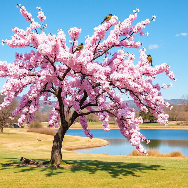 A serene landscape featuring a breathtaking cherry blossom tree in full bloom, with delicate pink petals cascading gently in the breeze