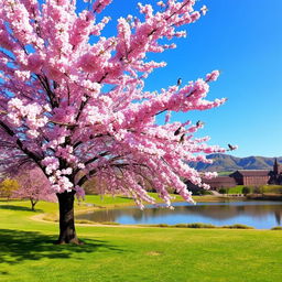 A serene landscape featuring a breathtaking cherry blossom tree in full bloom, with delicate pink petals cascading gently in the breeze