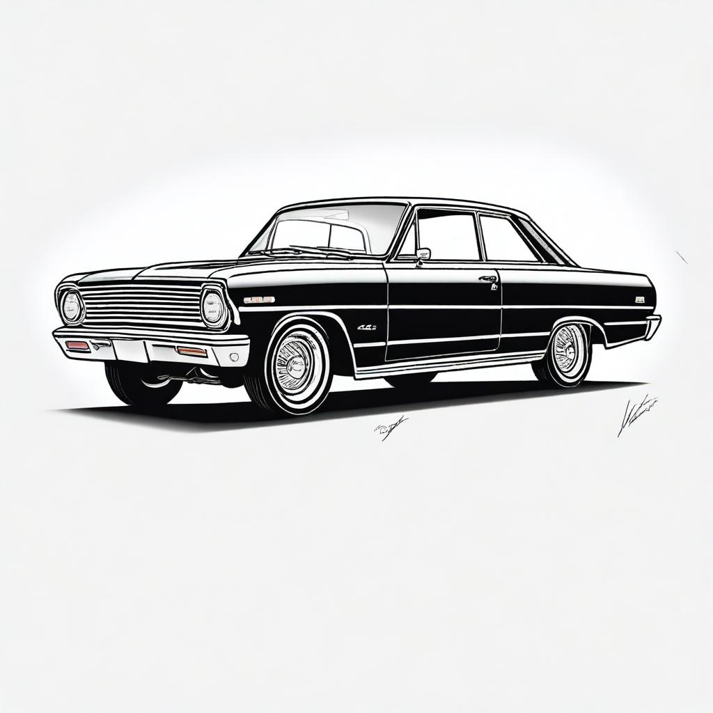 A meticulously detailed line art illustration of a 1964 Chevy II Nova