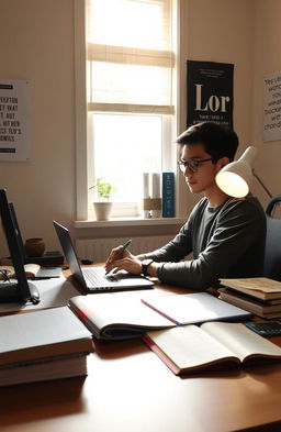 A focused student sitting at a desk studying online with a laptop, surrounded by books and notes