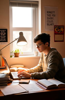 A focused student sitting at a desk studying online with a laptop, surrounded by books and notes