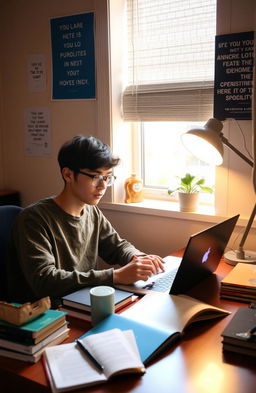 A focused student sitting at a desk studying online with a laptop, surrounded by books and notes