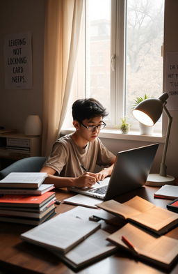 A focused student sitting at a desk studying online with a laptop, surrounded by books and notes