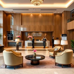 A beautifully designed boutique hotel lobby, showcasing a large, welcoming check-in counter elegantly decorated with fresh flowers
