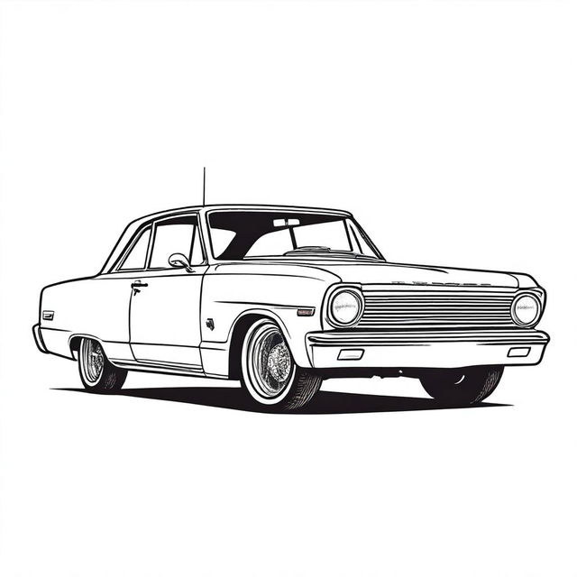 A meticulously detailed line art illustration of a 1964 Chevy II Nova