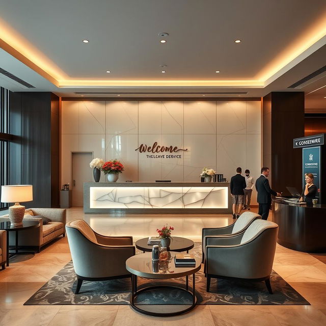 A beautifully designed boutique hotel lobby, showcasing a large, welcoming check-in counter elegantly decorated with fresh flowers