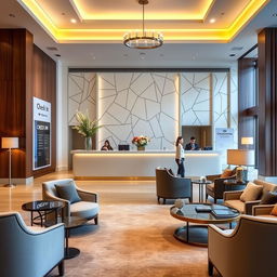 A beautifully designed boutique hotel lobby, showcasing a large, welcoming check-in counter elegantly decorated with fresh flowers