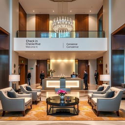 A beautifully designed boutique hotel lobby, showcasing a large, welcoming check-in counter elegantly decorated with fresh flowers