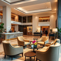 An elegant boutique hotel lobby scene showcasing a stylish check-in counter adorned with welcoming decor