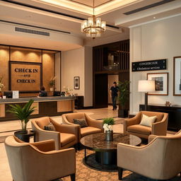 An elegant boutique hotel lobby scene showcasing a stylish check-in counter adorned with welcoming decor