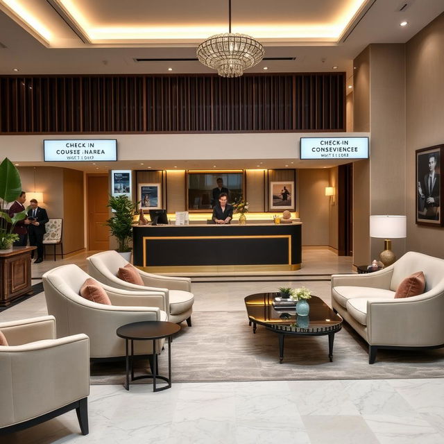 An elegant boutique hotel lobby scene showcasing a stylish check-in counter adorned with welcoming decor