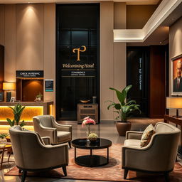 An elegant boutique hotel lobby scene showcasing a stylish check-in counter adorned with welcoming decor