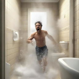 A high-quality digital art image depicting an intense scene of an Italian bathroom being stormed