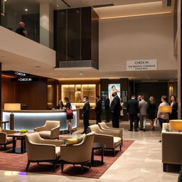 A modern boutique hotel lobby showcasing elegant design with a clear and inviting check-in counter
