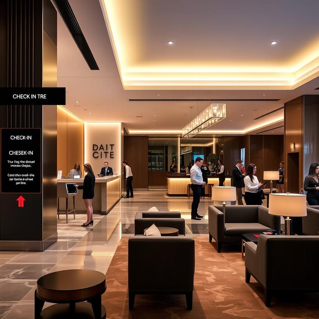 A modern boutique hotel lobby showcasing elegant design with a clear and inviting check-in counter