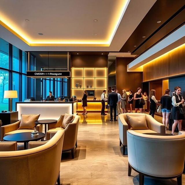 A modern boutique hotel lobby showcasing elegant design with a clear and inviting check-in counter